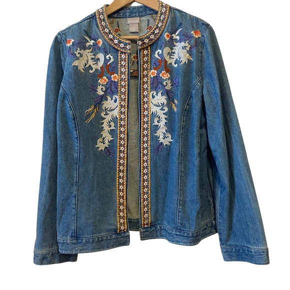Chico's Jackets & Blazers - Chico's Denim Jacket Size 2 Large Embroidered Blue Boho Western Open Festival